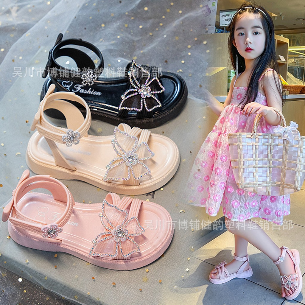 Dép sandal xăng đan quai hậu bé gái chất cao su gắn đá phong cách Hàn Quốc cực xinh cho bé từ 3 - 15 tuổi cho bé đi học đi chơi đi mưa