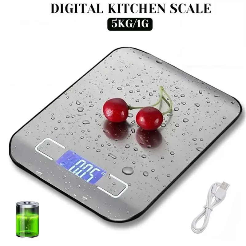 Cân điện tử nhà bếp 5kg/1gr hợp kim tích điện pin sạc cổng usb độ chính xác cao, thiết kế nhỏ gọn để bàn, có tính năng trừ bì thông minh