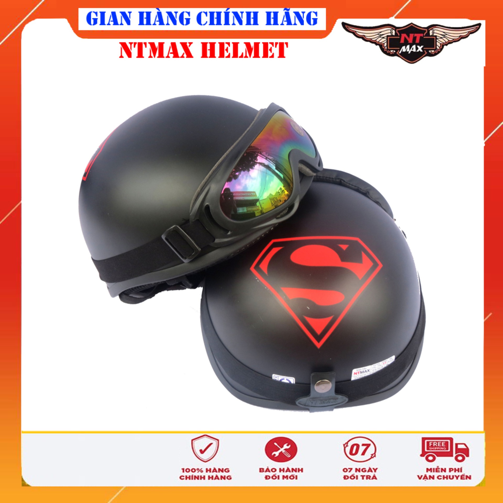 Mũ bảo hiểm ntmax 1/2 superman + kính phi công hoặc kính uv400