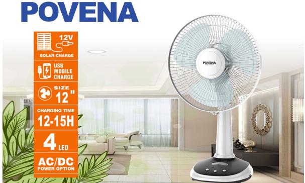 Quạt sạc điện Povena PVN-5612 pin sạc điện mặt trời tiện dụng, đường kính quạt lớn 12 inch