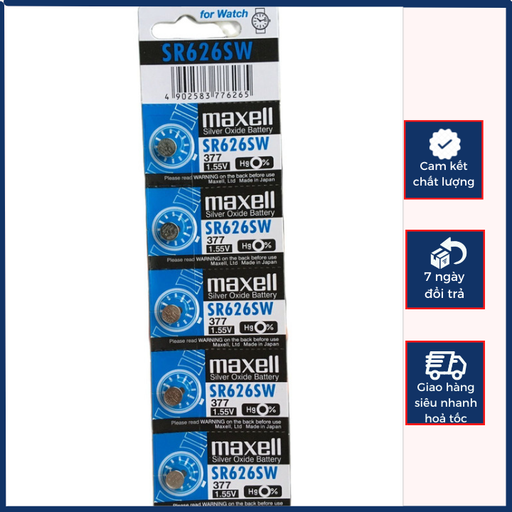 Vỉ 5 Viên Pin Đồng Hồ 377 / SR626SW / AG4 Maxell 1.55V Nhật Bản