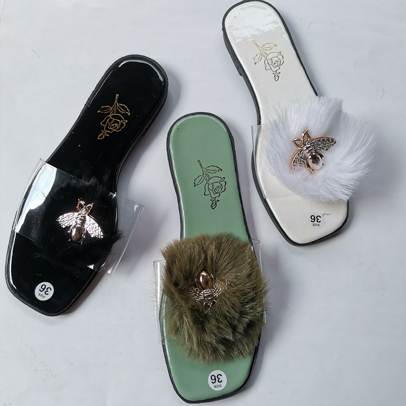 dép lông vũ đính ong quai ngang đế bệt nữ