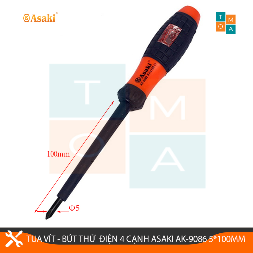 Tua vít - Bút Thử Điện 4 Cạnh Asaki AK-9086 5x100mm, Tua Vít 4 Cạnh Kiêm Bút Thử Điện, Tô vít thử điện 4 cạnh
