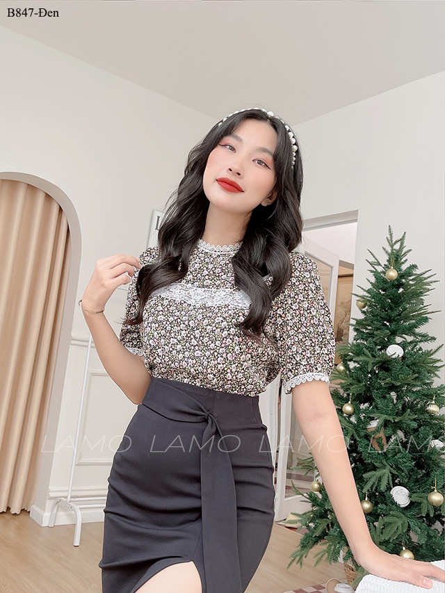 B847 áo sơ mi hoa nhí viền ren