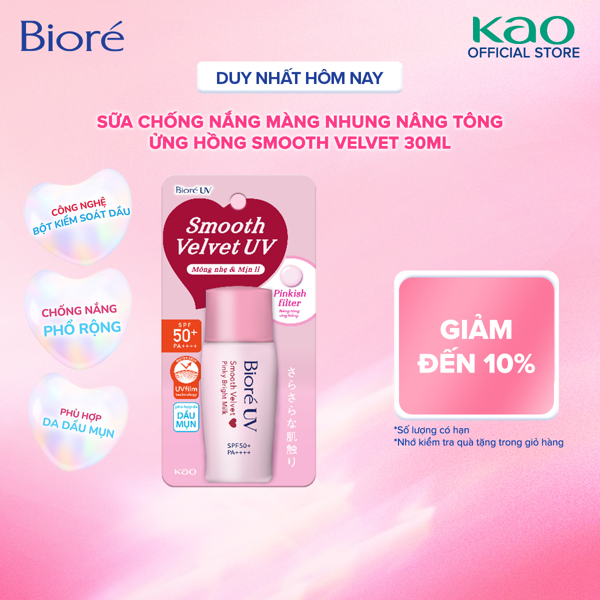 Sữa chống nắng nâng tông Biore UV màng nhung sáng hồng SPF50+ PA++++ 30ml (bao bì thay đổi)