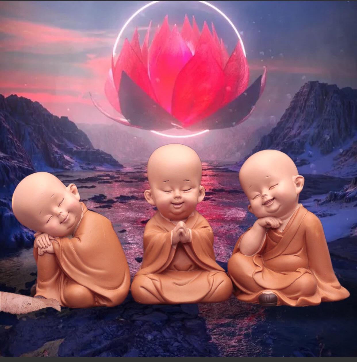Bộ 03 tượng chú tiểu áo nâu - mẫu chú tiểu ngồi 13.5cm