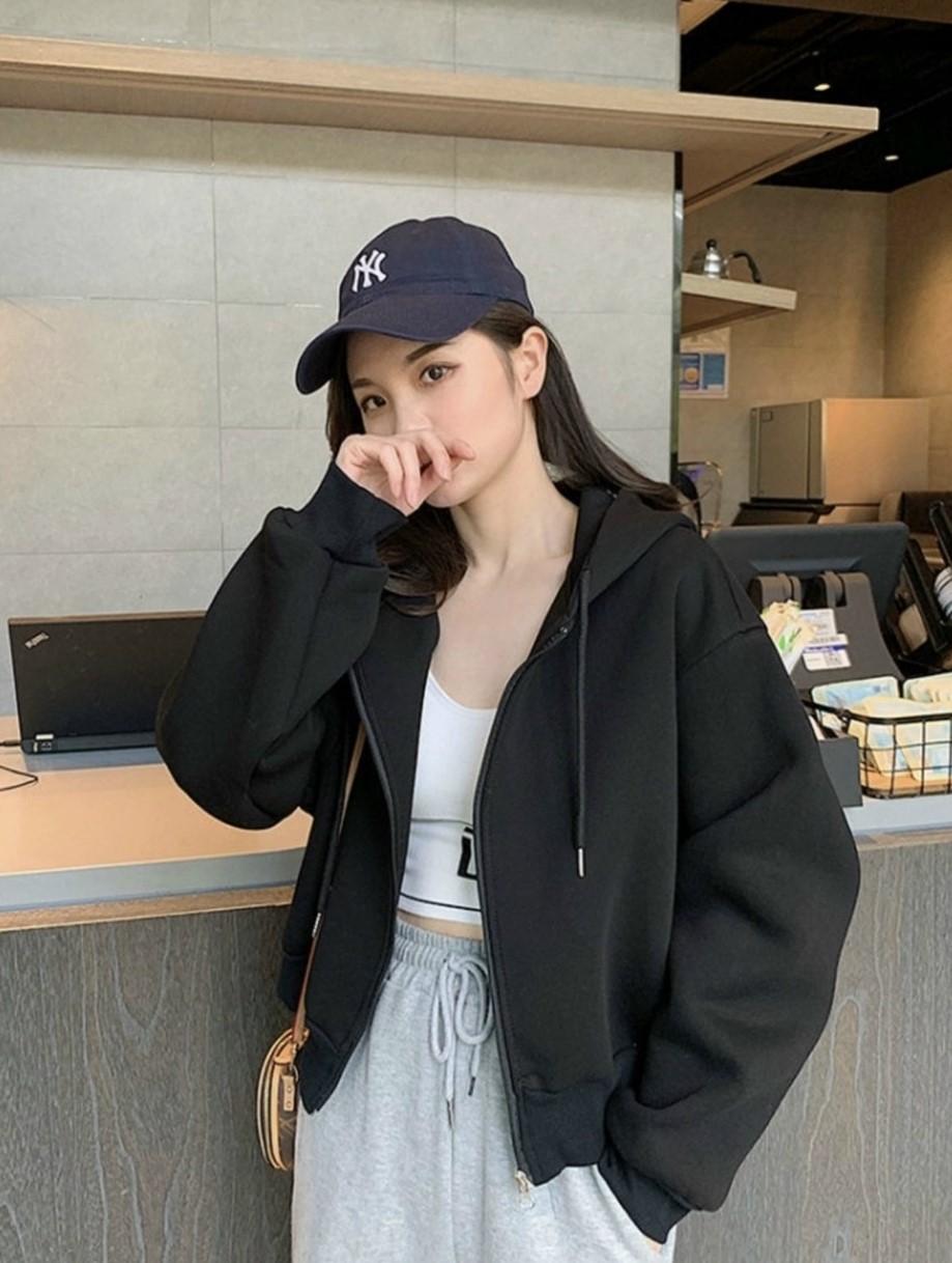 Áo khoác croptop nữ dây kéo chất thun nỉ mẫu trơn có nón cực xinh 777croptop1143