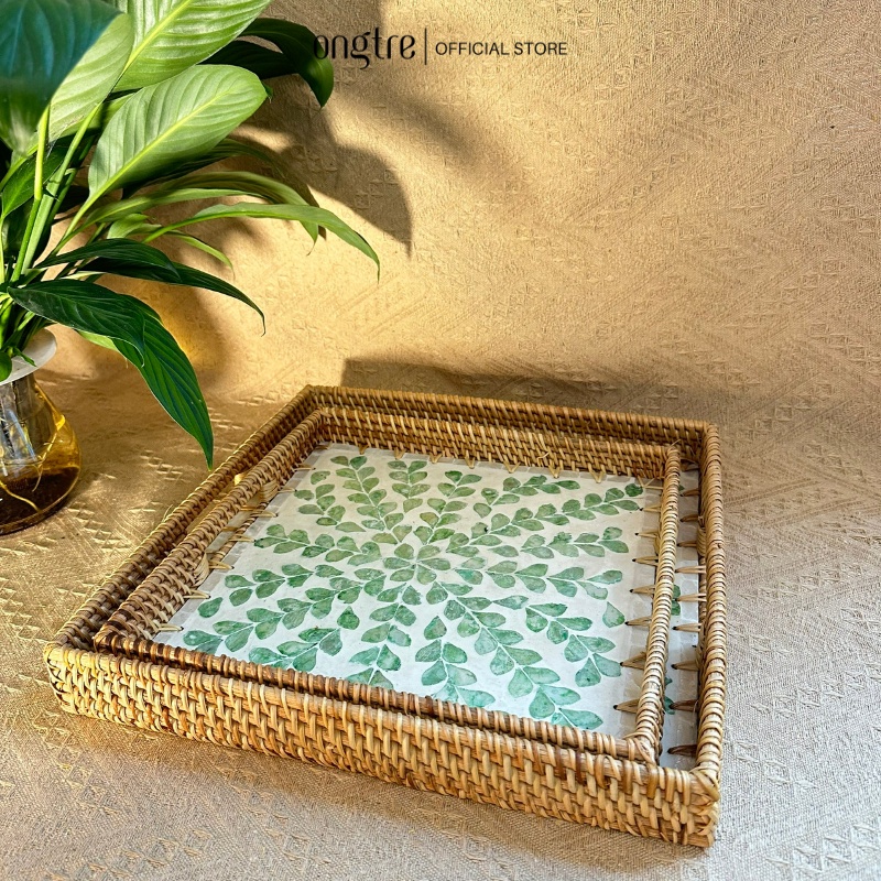 Khay mây khảm trai hình vuông ONGTRE có tay cầm đựng hoa quả, decor dùng cho nhà hàng khách sạn resort