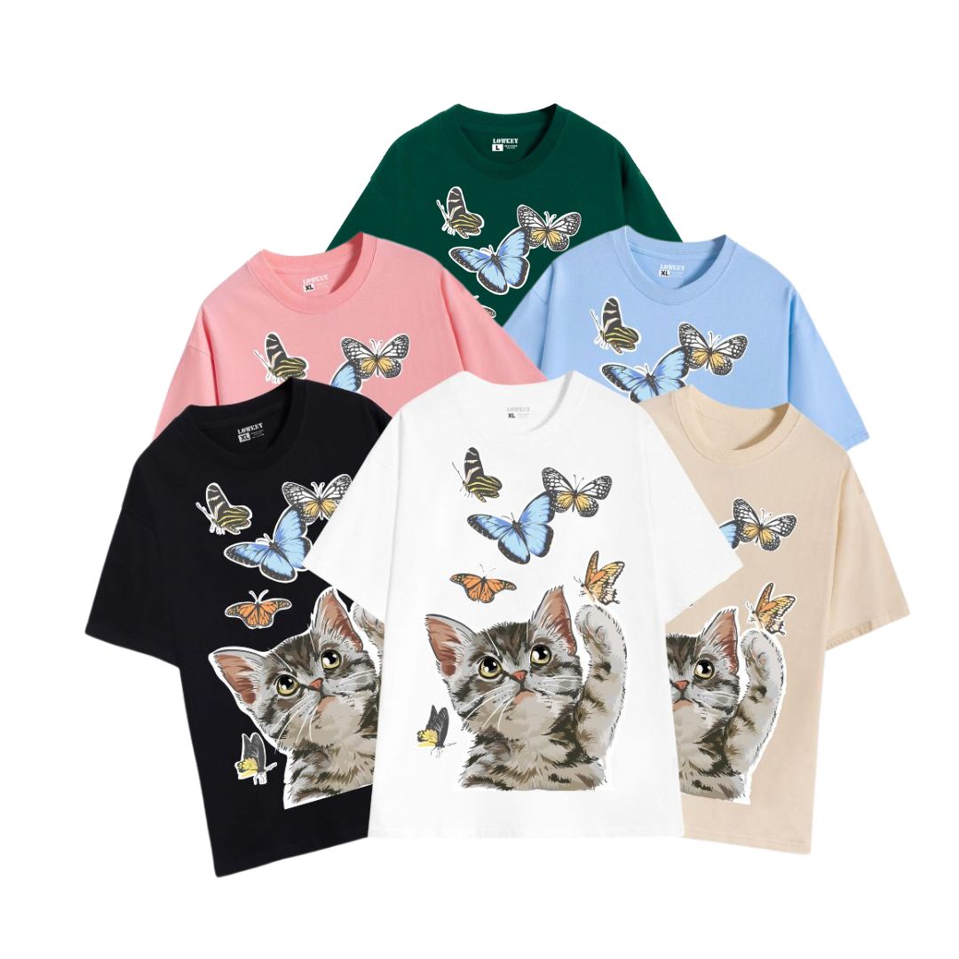 Áo tee unisex cổ tròn tay ngắn in hoạ tiết MEOMEO bắt bướm LOWKEY đẹp K0011 - Nhiều màu trắng đen vàng xanh