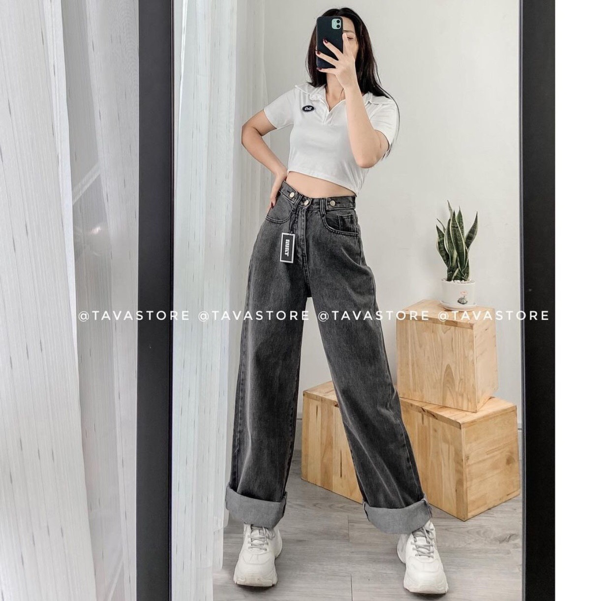 SET BAGGY JEANS ĐAI NÚT + CROP PETTER THÊU LOGO