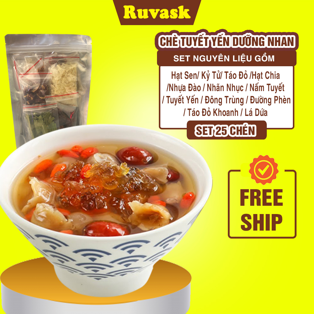 Chè Dưỡng Nhan Tuyết Yến 12 Vị 400g - Gồm Táo Đỏ, Hạt Sen, Hạt Chia Úc, Kỳ Tử, Nhựa Đào, Tuyết Yến, Long Nhãn, Nấm Tuyết, Lá Dứa, Đường Phèn, Đô ng Tr ùng Hạ Thảo Khô - Đồ Ăn Vặt Nội Địa RUVASK