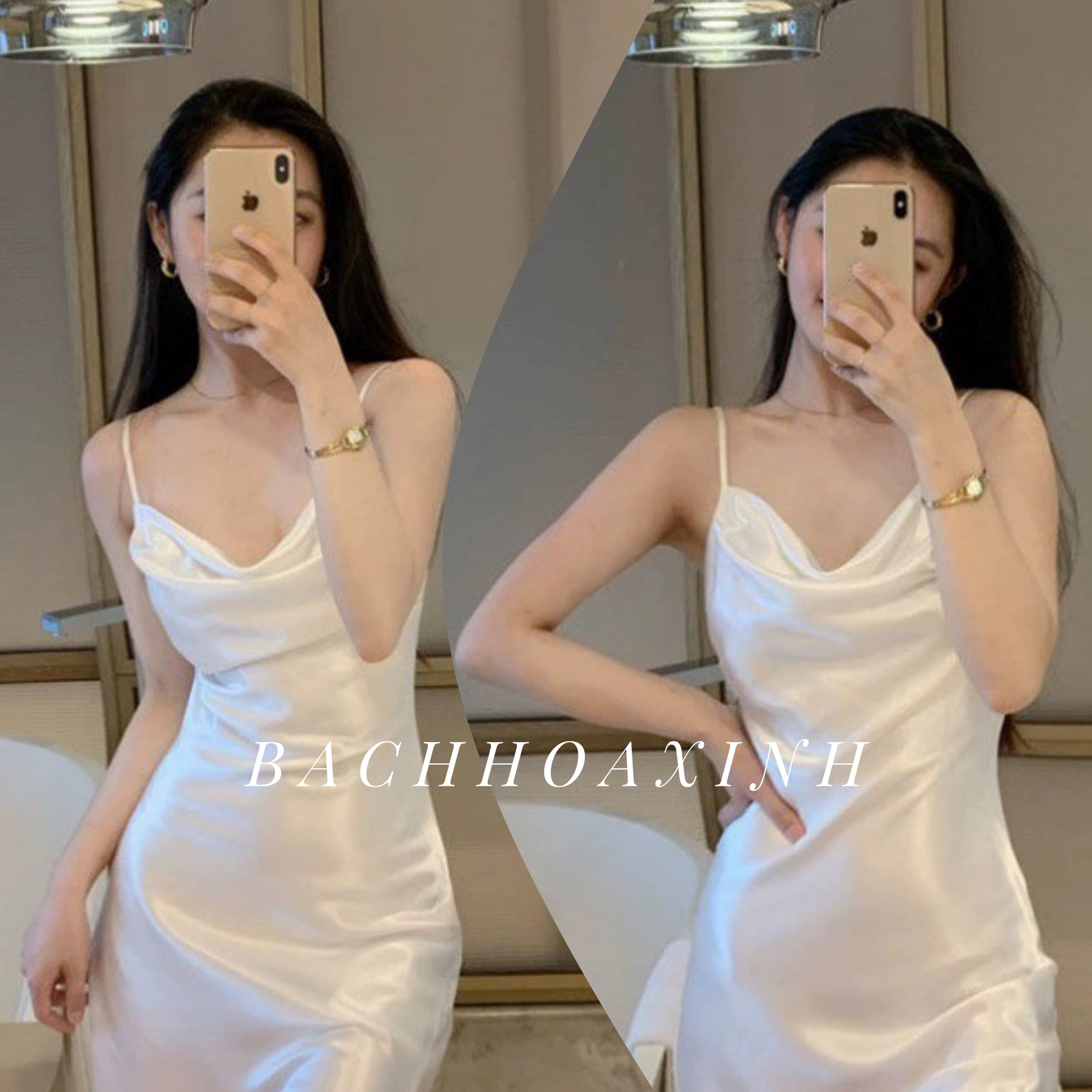 Váy lụa 2 dây cổ đổ phi lụa cao cấp