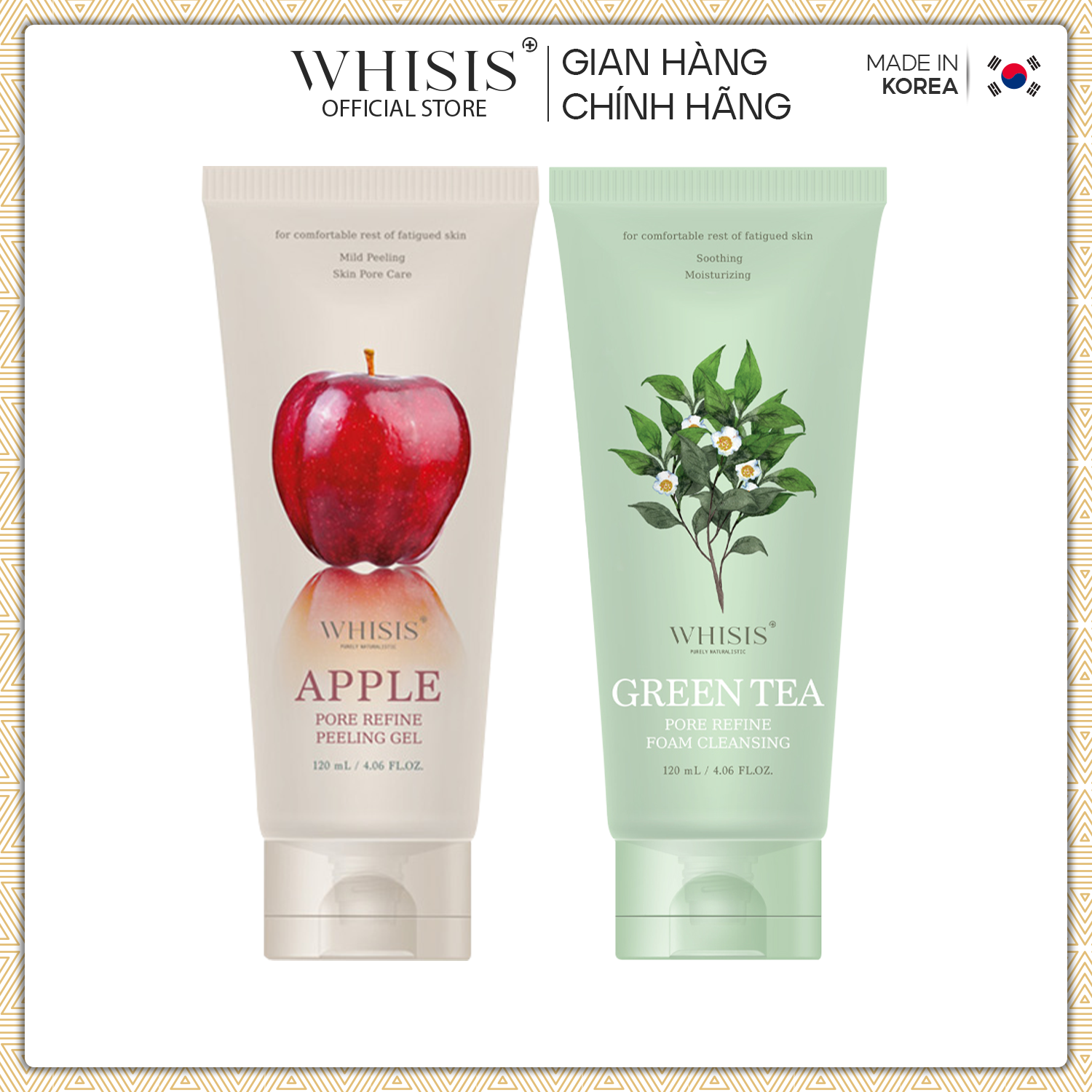 Combo làm sạch sâu dành cho da dầu mụn Sữa rửa mặt Trà xanh và gel tẩy da chết Táo đỏ Whisis