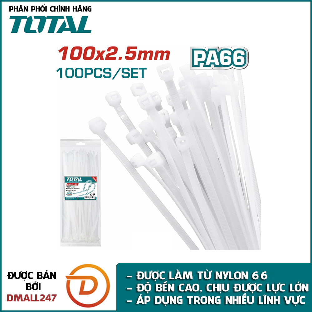 Túi 100 sợi dây rút nhựa trắng Nylon66 TOTAL THTCT1001 (2.5*100mm), THTCT15025 (2.5*150mm) và THTCT2001 (3.6*200mm) - Dmall247