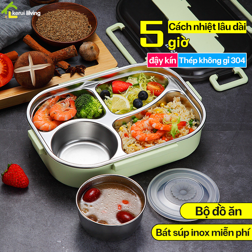 Hộp Cơm Giữ Nhiệt 4 Ngăn, Hộp Đựng Cơm Giữ Nhiệt Văn Phòng 3 Lớp, Khay Inox 304 HC02