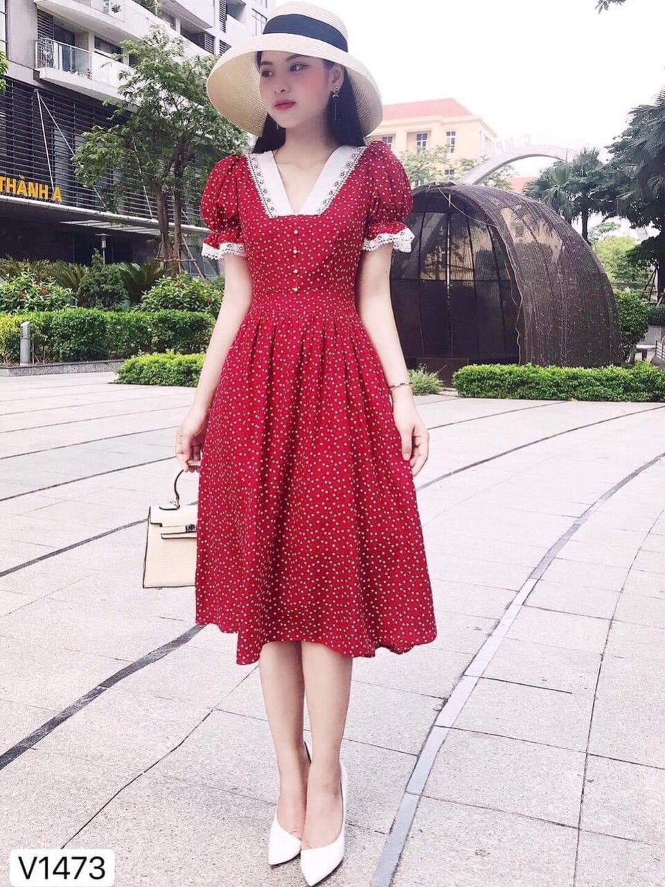 Tdd đầm tay phồng đính nút cổ vuồng có mút ngực mẫu free size từ 40kg đến 56kg thời trang nữ