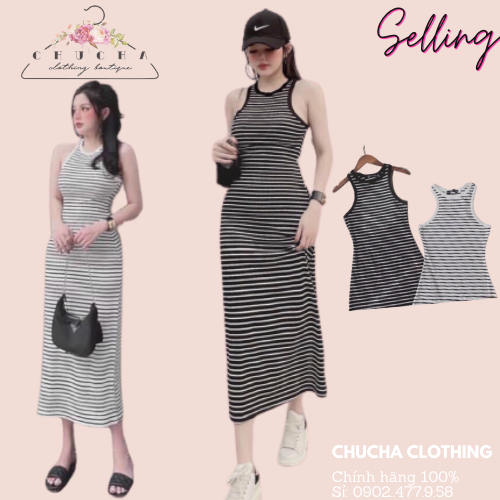 [HCM]Đầm BODY Nữ ba lỗ ôm dáng dài Maxi Sọc ngang chất Thun gân dày dặn CHUCHA CLOSET