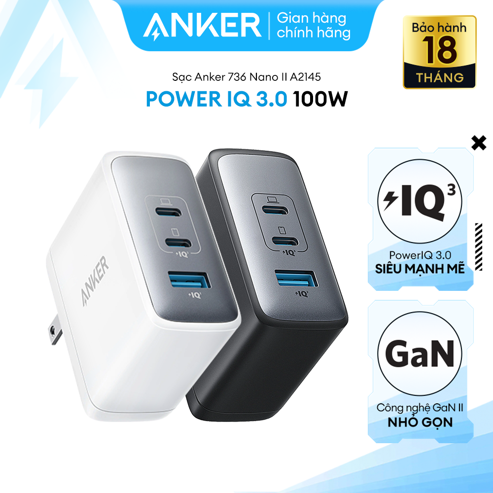 Sạc Anker 736 Nano II Sạc Nhanh Công Suất 100W Công Nghệ PowerIQ 3.0 3 Cổng - 2 Cổng USB-C  1 Cổng USB - A2145