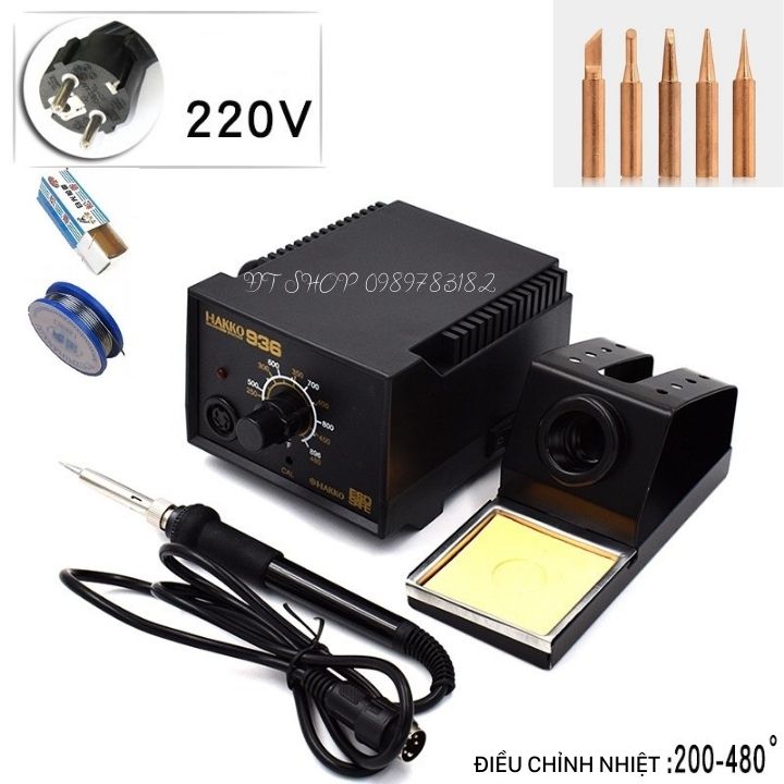 Mỏ hàn chì , hàn thiếc HAKKO 936 kèm 5 mũi hàn đồng , cuộn thiếc và nhựa thông