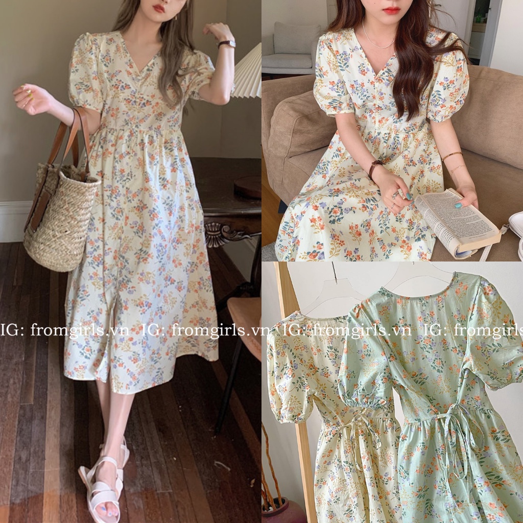 Váy hoa nhí vintage, đầm hoa nhí cổ V tay phồng xẻ trước có dây buộc eo mát mịn - V77
