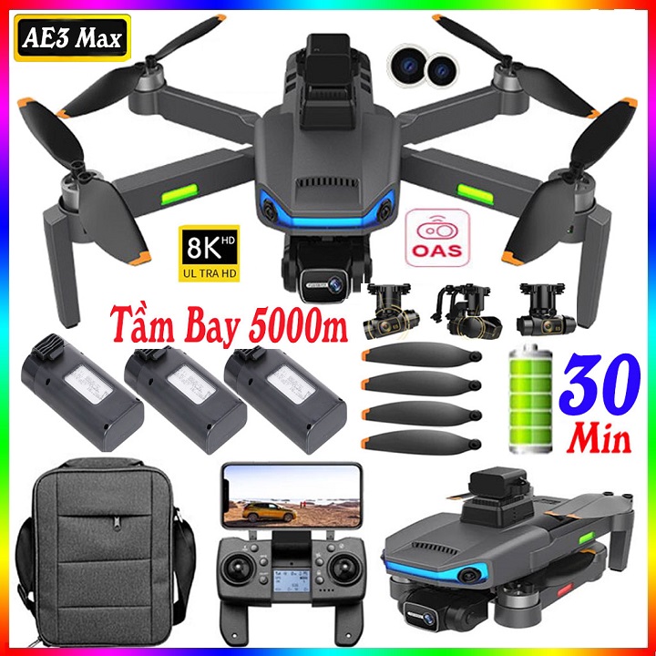 Máy Bay Điều Khiển Từ Xa 4 Cánh AE3 Pro Max Định Vị G.P.S Tự Quay Trở Về, Drone camera 8K, Flai Cam, Play camera Cảm Biến Tránh Vật Cản, Pin Khỏe Bay Xa 5000M