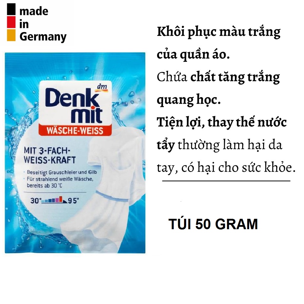 Bột tẩy trắng quần áo siêu sạch Denkmit 50g, bột tẩy trắng chính hãng của Đức không mùi, không gây hại da tay sử dụng cho cả giặt máy và giặt tay