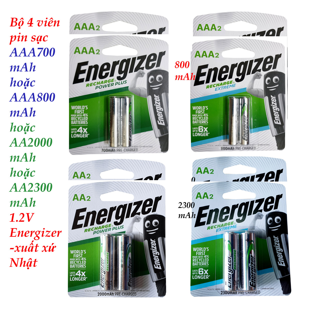 Bộ 4 viên pin sạc AA (2a) hoặc AAA (3a) - 1.2V Energizer 2000mAh 2300mAh 700mAh 800mAh dùng cho thiết bị cần nguồn 1.5 V - xuất xứ Nhật