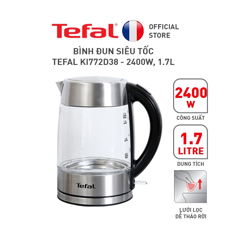 Bình đun siêu tốc tefal ki772d38 - thủy tinh - 2200w, 1.7l - hàng chính hãng