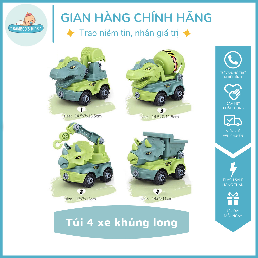 Túi 4 xe Khủng long - Xe tải chở khủng long, khủng long đồ chơi, Xe khủng long tháo lắp - BamBoo's Kids