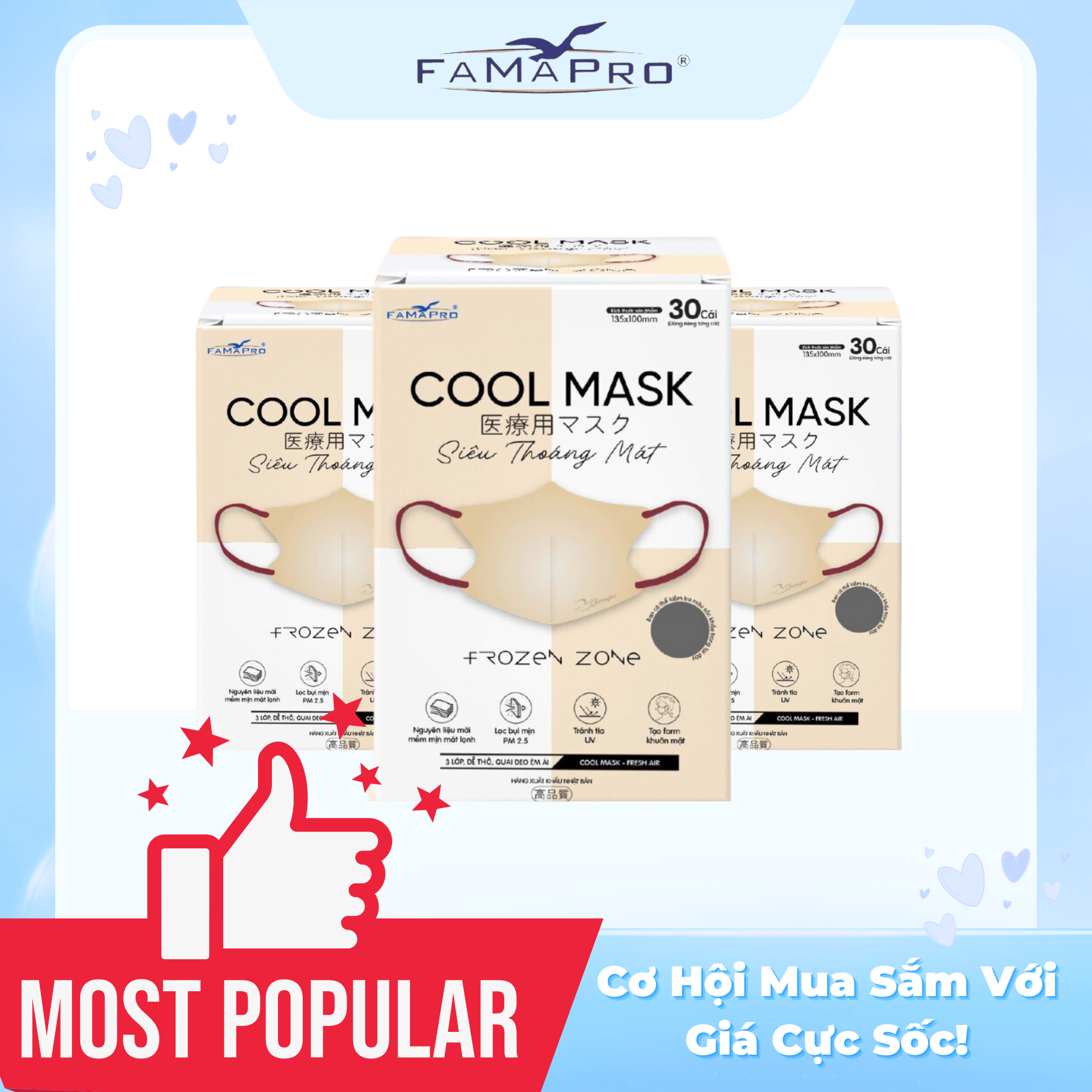Khẩu trang kháng khuẩn cao cấp 3 lớp Cool Mask Famapro hộp 30 chiếc đóng riêng từng túi