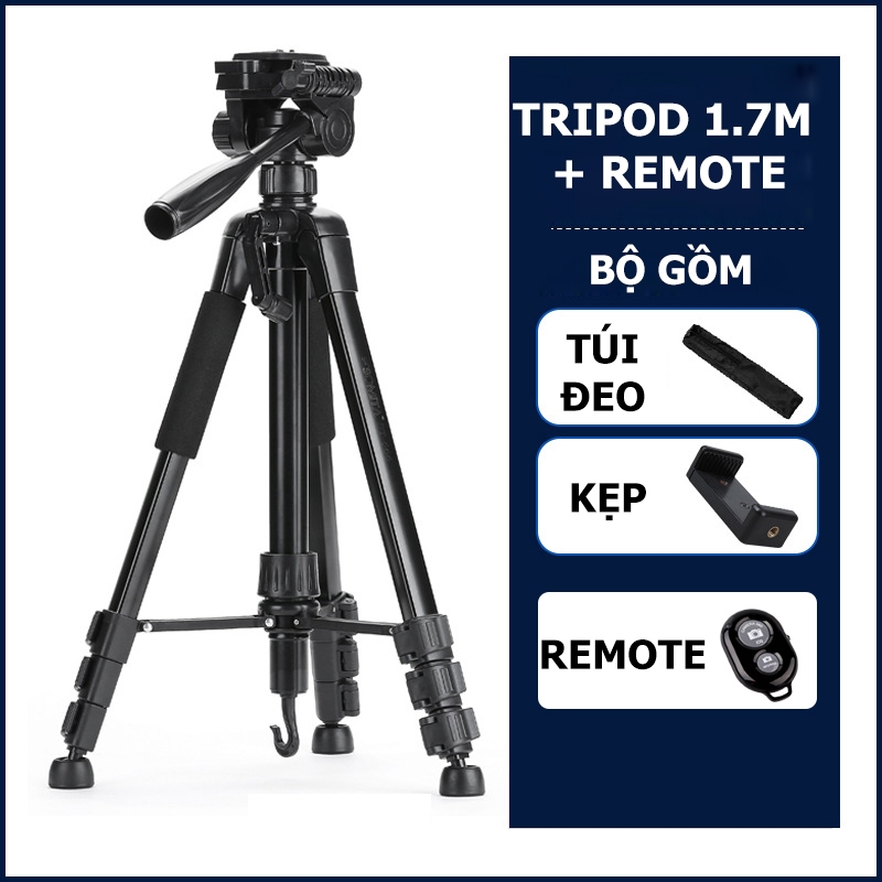 Tripod 360 -Tripod Điện Thoại 3 Chân - Kèm Remote Chụp Ảnh - Chân Máy Quay Phim Livestream Tiktok Tiện Lợi cao tối đa 170cm - Hợp Kim Nhôm Chắc Chắn