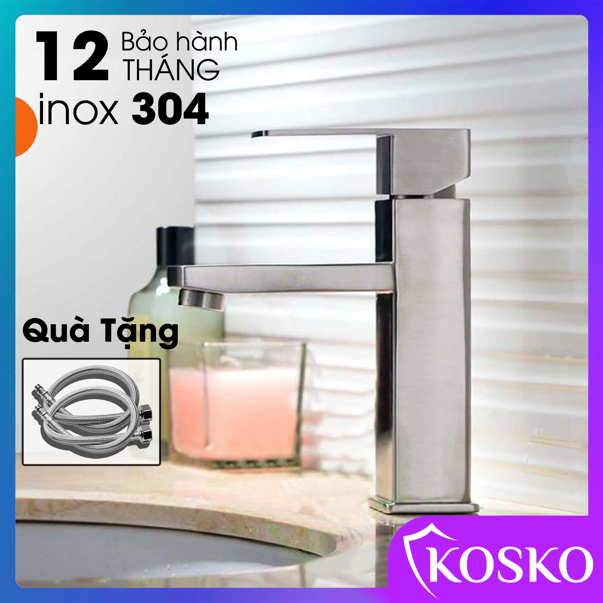 Vòi lavabo nóng lạnh KOSKO inox SUS 304 vuông cao 20cm Tặng dây cấp Bảo