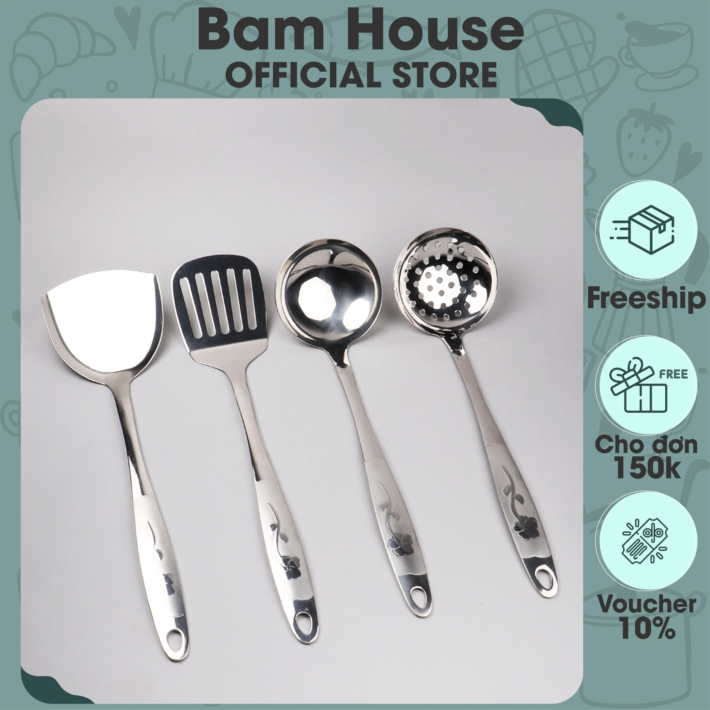 Vá đặc, Vá lỗ, Xẻng đặc, Xẻng lỗ inox Bam House cán hoa loại lớn cao cấp siêu bền SCH05 - Gia dụng bếp
