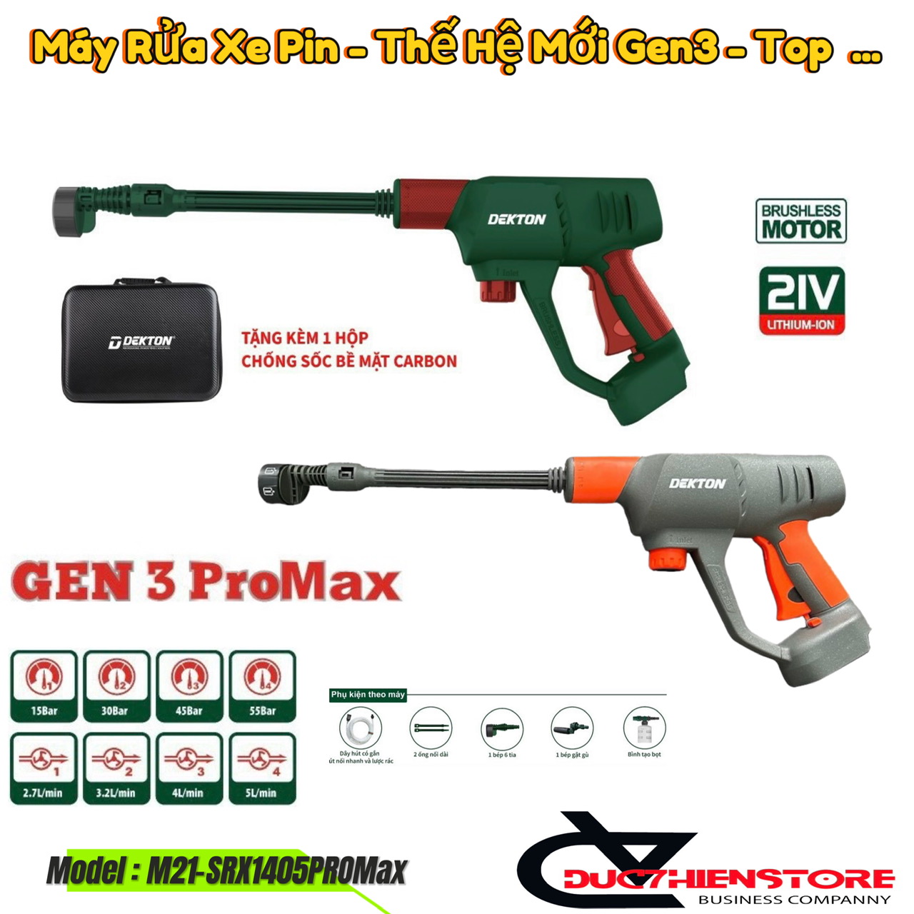 Máy Rửa Xe Pin Dekton M21-SRX1405PROMAX Gen 3 | Chân Pin M21 Thông Dụng Áp Lực Mạnh Top 55Bar Chính Tốc 4 Cấp