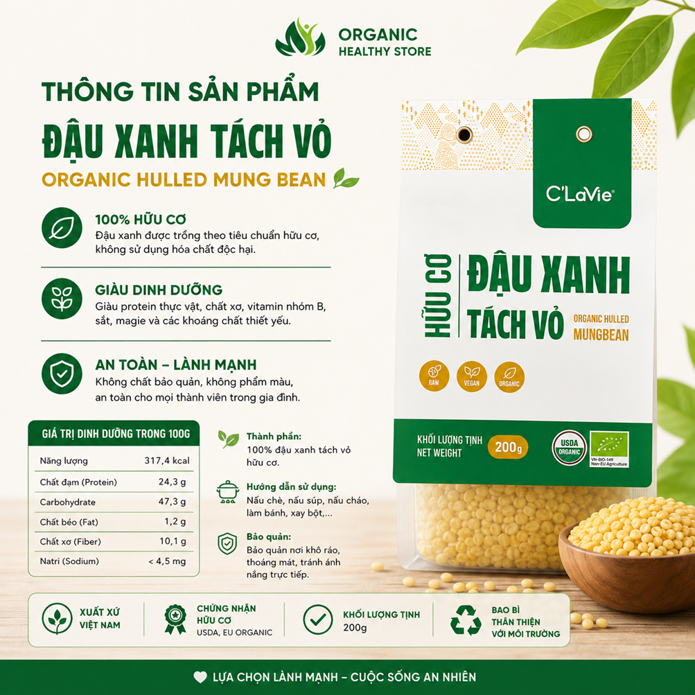 Đậu xanh tách vỏ hữu cơ C'LaVie 200g thuần hữu cơ, không biến đổi gen