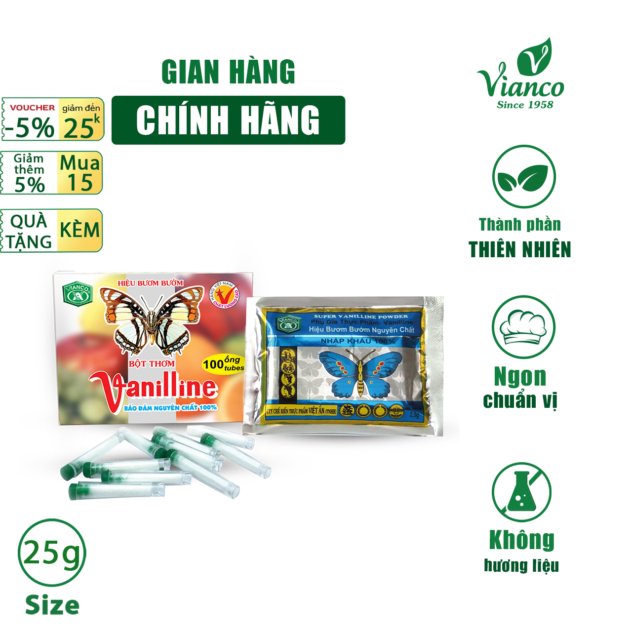 Bột thơm Vani Hiệu con Bươm Bướm Vianco hộp 25g 100 ống nấu chè làm bánh kẹo làm rau câu bánh flan - Gia vị Việt Ấn