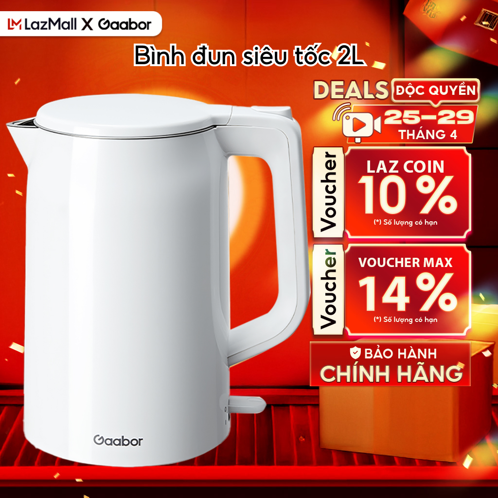 [HỎA TỐC HCM] Ấm đun siêu tốc 2L INOX cao cấp đúc nguyên khối Gaabor EK20M-WH01A/WH02A bình đun nước siêu tốc màu trắng nhựa cách nhiệt an toàn sôi nhanh - Bảo hành 12 tháng 1 đổi 1