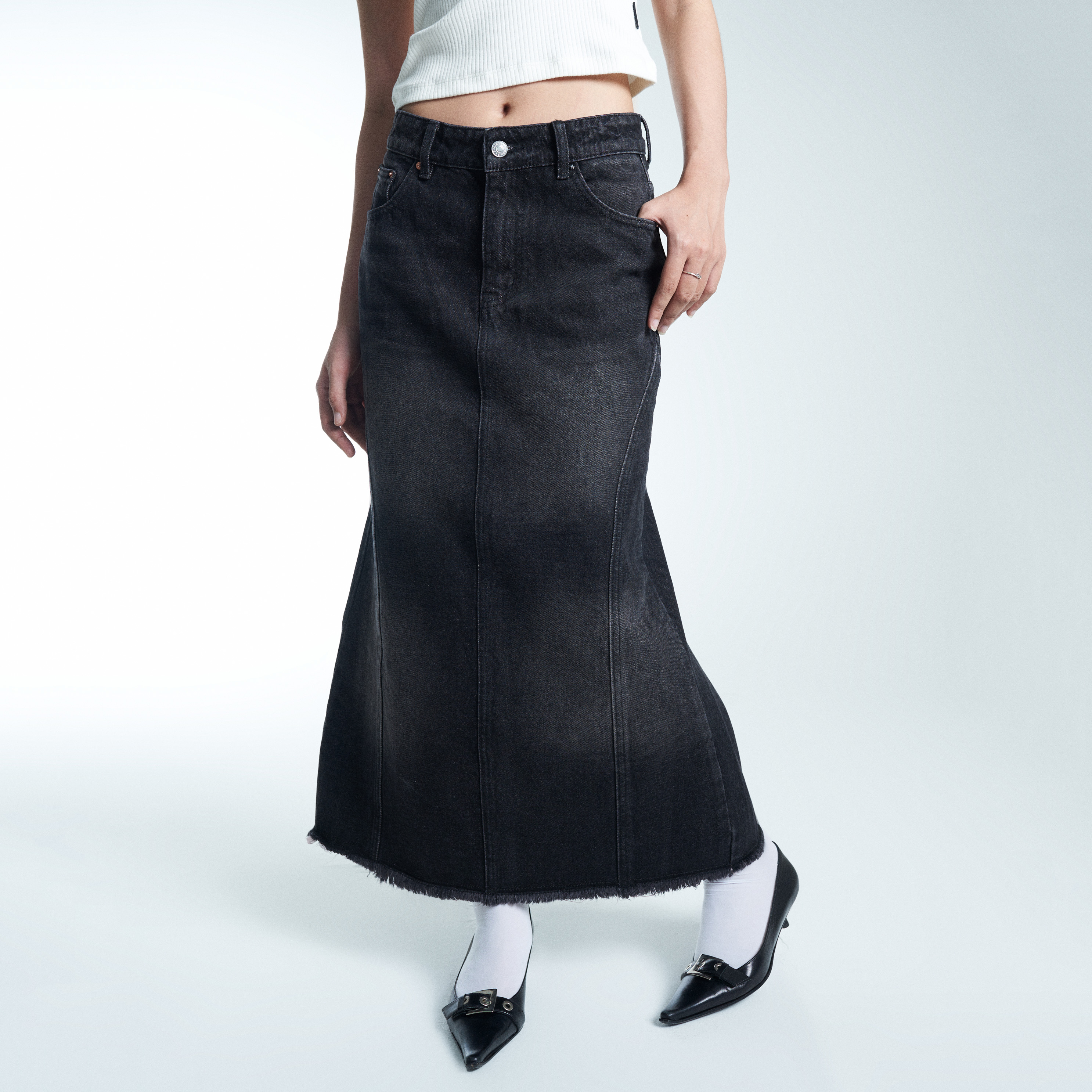 Chân váy jeans form dài pradies denim mini skirt