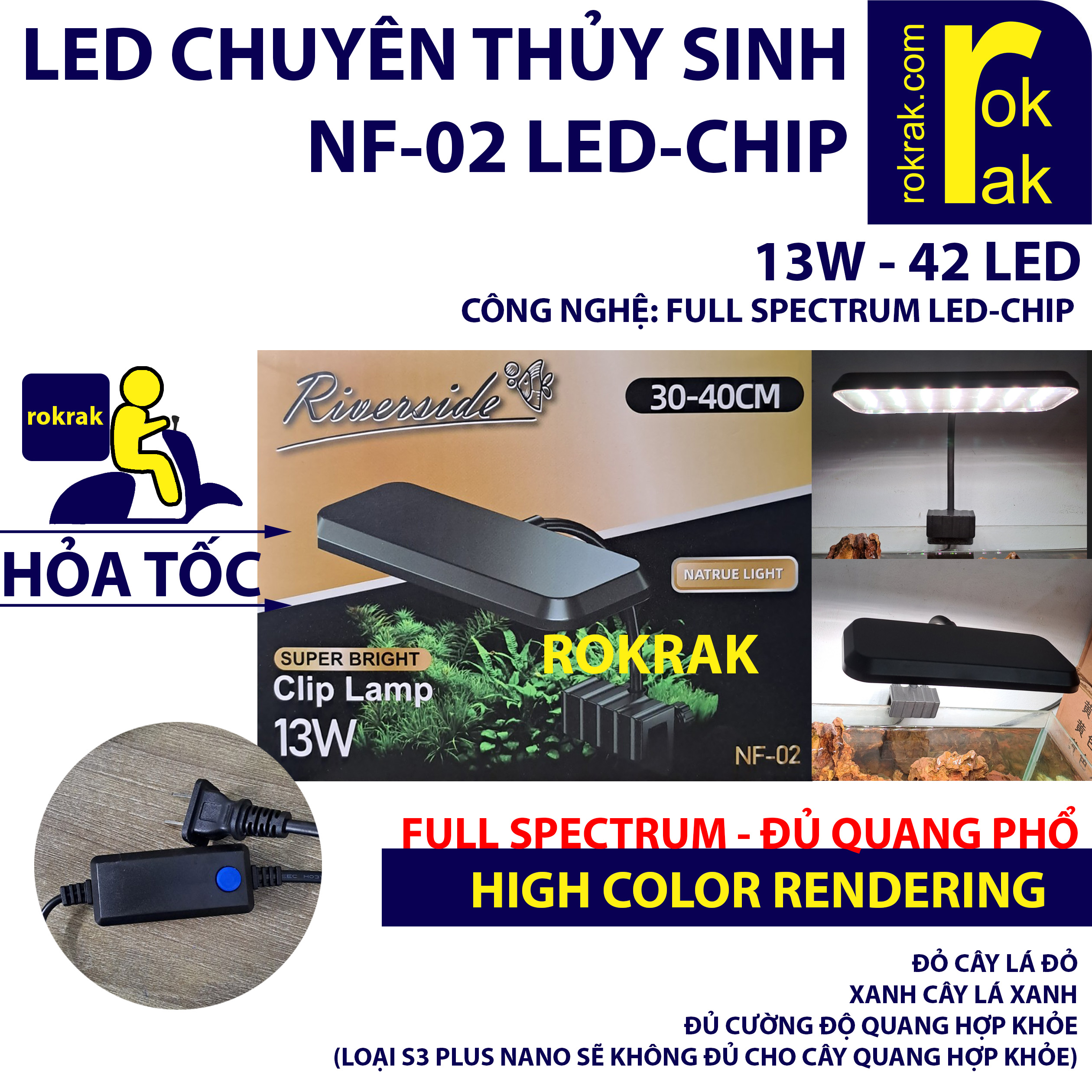 Đèn Led kẹp NF-02 (13W) NF02 | NF01 (8W) RIVERSIDE Công Nghệ LED-CHIP FULL SPECTRUM chuyên cho hồ thủy sinh 20-40cm