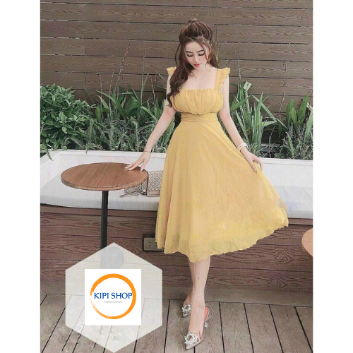 Đầm dự tiệc xòe nhún bèo chất liệu voan cao cấp
