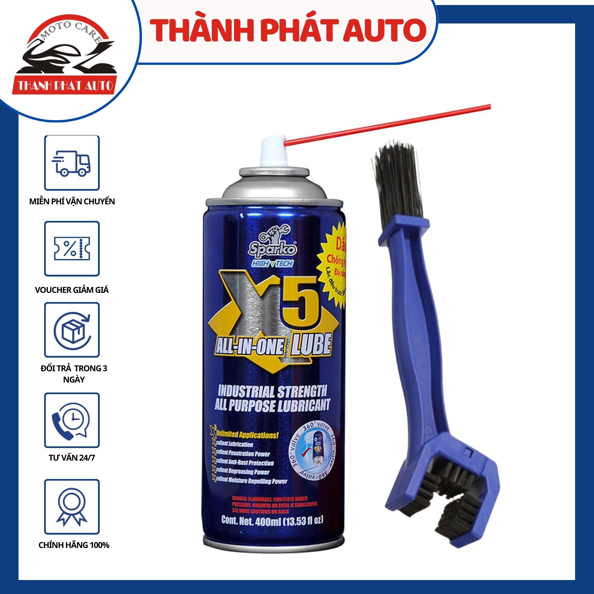 Combo Chai xit chống rỉ sét bôi trơn X5 400ml và bàn chải vệ sinh sên đa năng