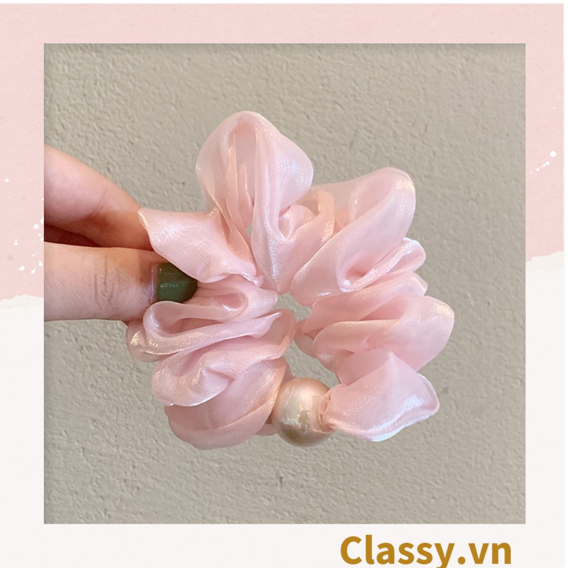 Classy PK772 Scrunchies buộc tóc nhiều trơn màu, đính hạt; tông màu hoàng gia sang chảnh