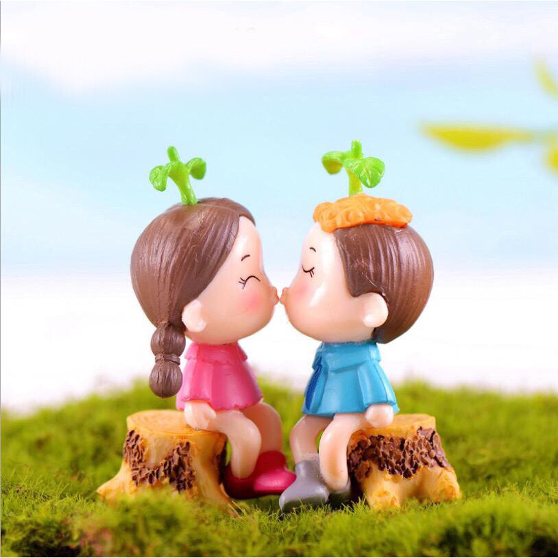 Mô hình Cặp đôi đầu lá trang trí tiểu cảnh, thủy sinh, terrarium, chậu cây cảnh, sen đá, bánh kem, xương rồng
