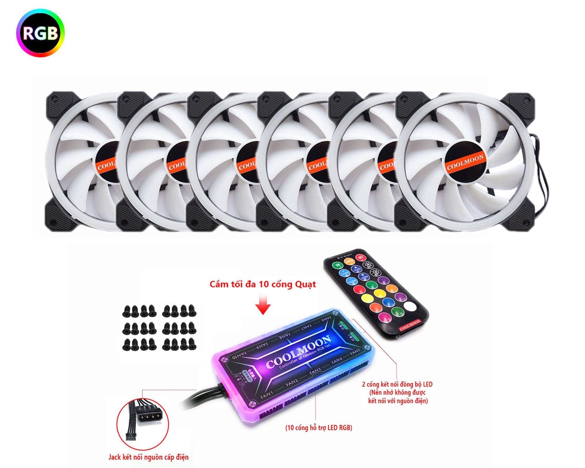 Bộ Kit 6 Fan Led RGB V2 Coolmoon - Có Hub RGB (Bộ Bao Gồm Fan+Hub+Remote+Ốc)