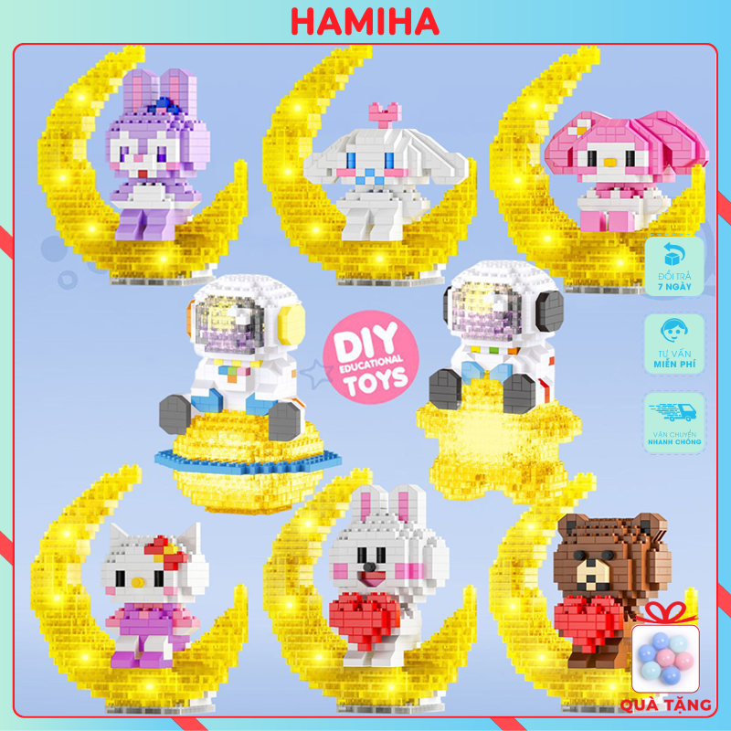 Đồ chơi lego phi hành gia trái tim , nhà du hành vũ trụ xếp hình mặt trăng phát sáng 3 chế độ đèn hamiha