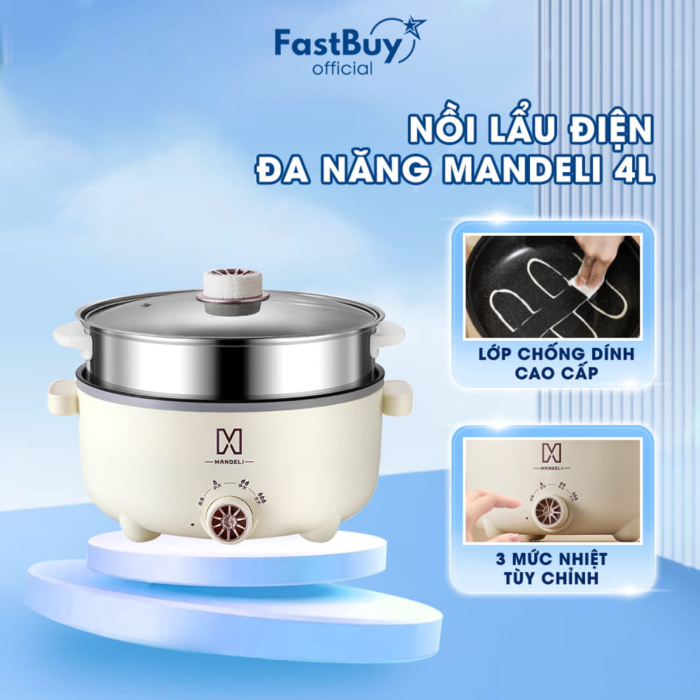 Nồi Lẩu Điện MANDELI, Nồi Điện Đa Năng Kèm Xửng Hấp Inox Dung Tích 4L Phù Hợp Cho Gia đình 2-3 Người