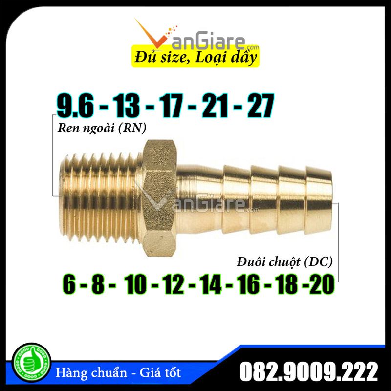 Nối đuôi chuột ren ngoài thau, đầu nối ống 6 8 10 12 14 16 18 20 mm (Loại dầy, Đủ size)