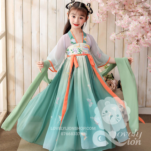 Bộ hán phục bé gái màu xanh ngọc thêu hoa+tặng trâm cài(không kèm khăn choàng)