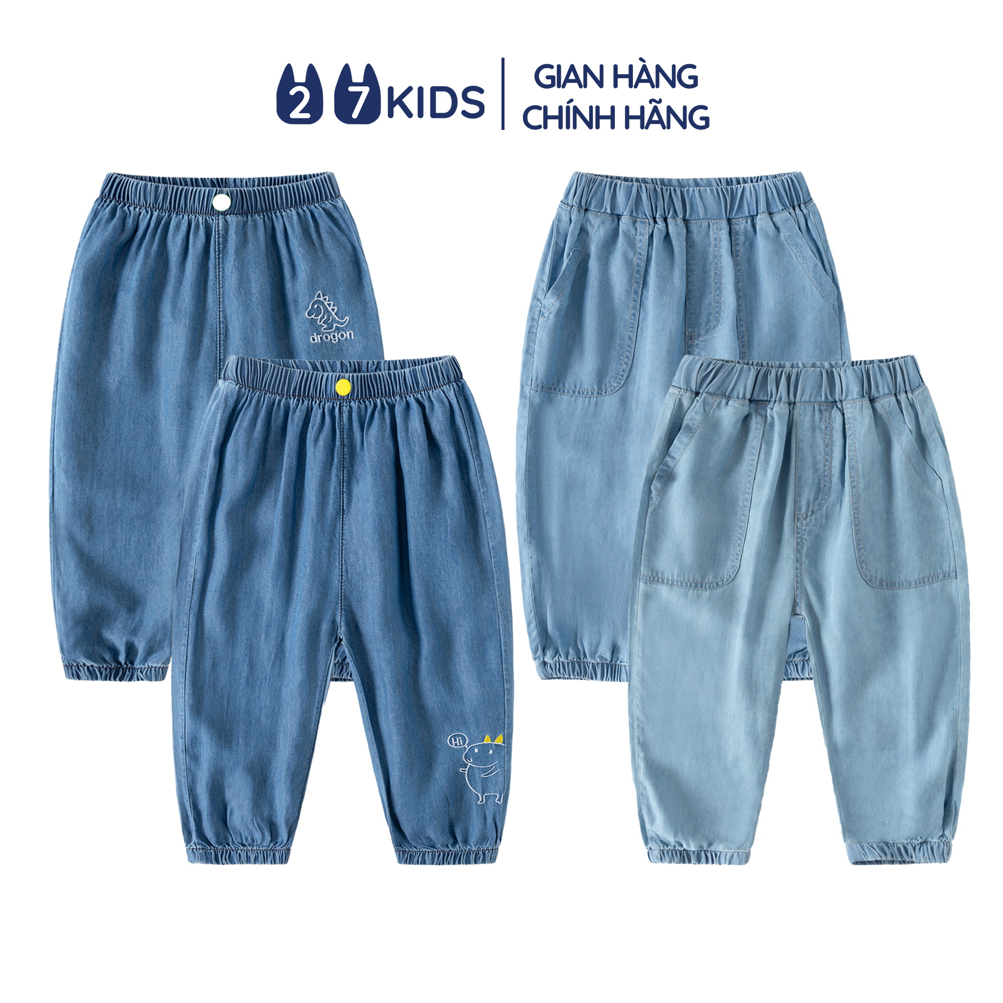 Quần jean dài bé trai 27Kids WELLKIDS quần bò mềm lưng chun nam cho trẻ từ 4-12 tuổi BLJE3