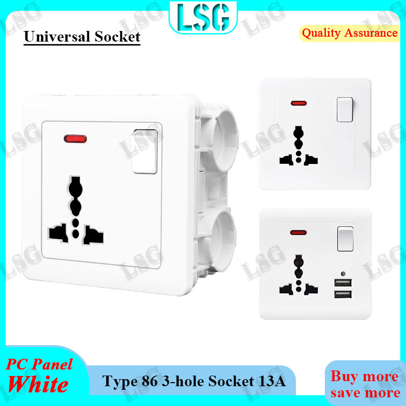 [LSG] Ổ Cắm Gắn Tường Thông Dụng Có Công Tắc Đèn LED Ổ Cắm 3 Lỗ Loại 86 Bảng PC Màu Trắng Ổ Cắm Điện Gắn Tường Tiêu Chuẩn Thông Dụng 13A 250V Với Cổng USB Bộ Sạc USB Kép 2.1A